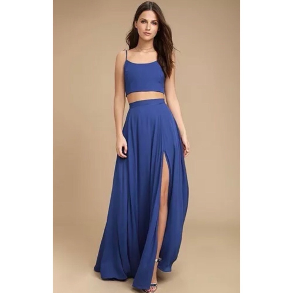 Long blue two piece prom dress